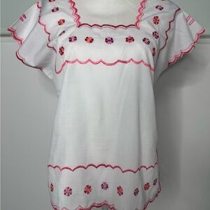 Mexican Blouse White Embroidered Floral Size XS-S Sleeveless